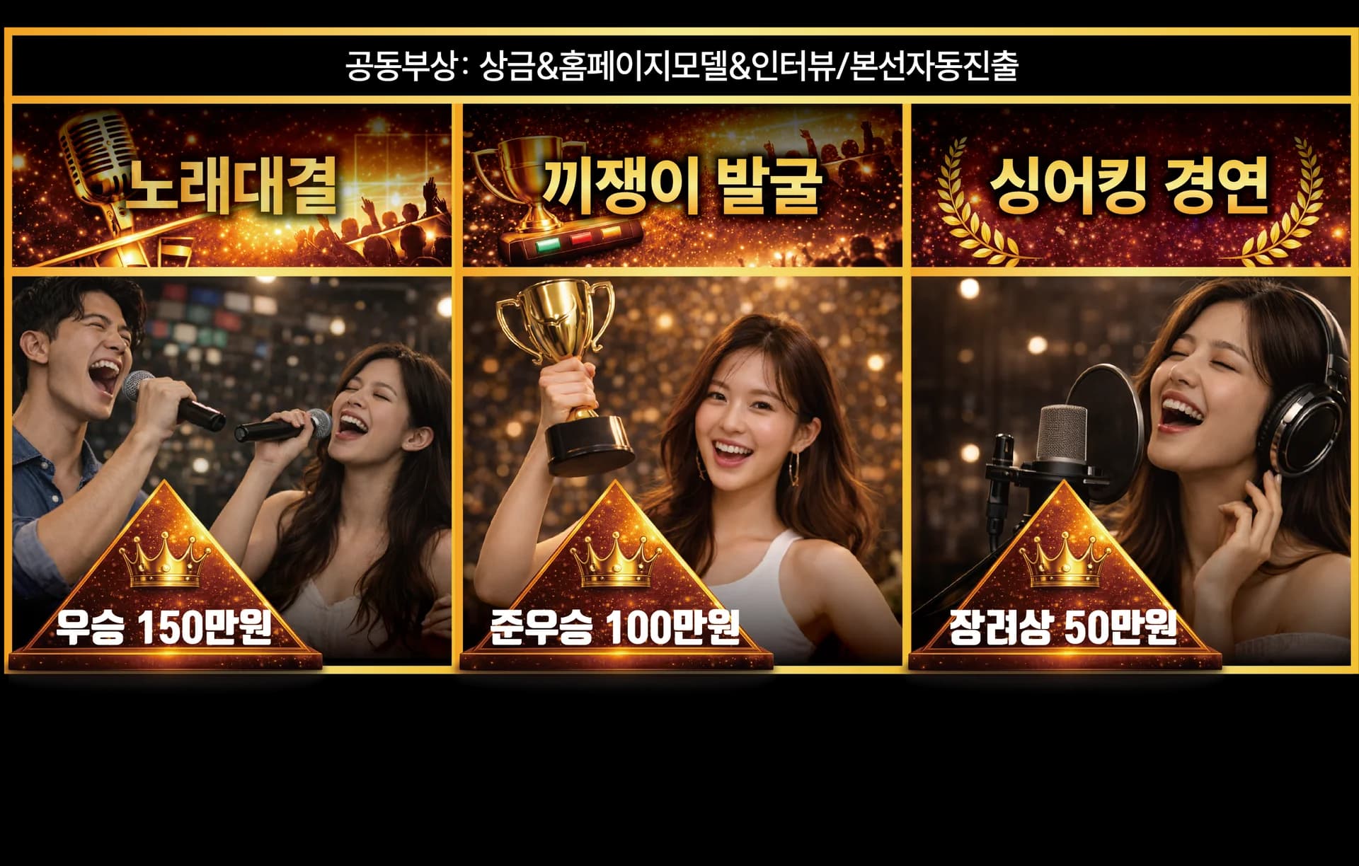 공동부상: 상금 & 홈페이지모델 & 인터뷰 / 본선자동진출. 노래대결 우승 150만원, 끼쟁이발굴 준우승 100만원, 싱어킹경연 장려상 50만원